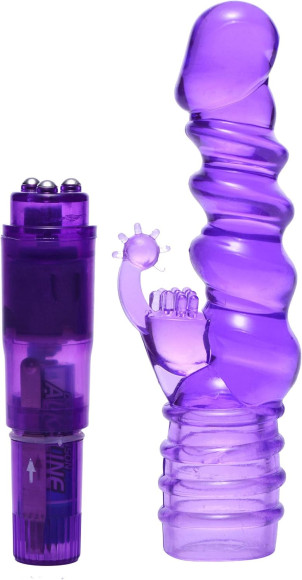 Фиолетовая виброракета с насадкой-кроликом Ribbed Rabbit Vibrator - 21,6 см. Фиолетовая виброракета с насадкой-кроликом Ribbed Rabbit Vibrator - 21,6 см.