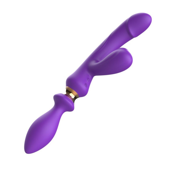 Фиолетовый двусторонний вибромассажёр с клиторальным отростком - 30 см. Фиолетовый двусторонний вибромассажёр с клиторальным отростком - 30 см.