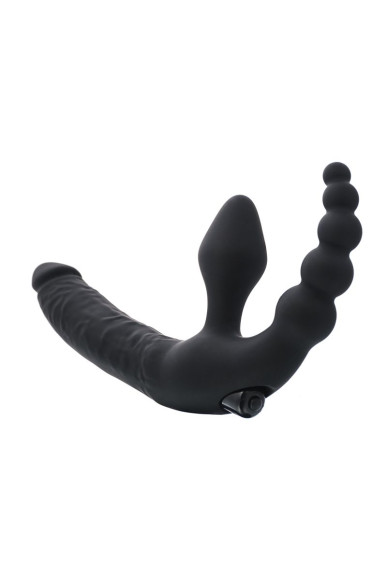Чёрный безремневой страпон с вибрацией и анальным отростком Чёрный безремневой страпон с вибрацией и анальным отростком