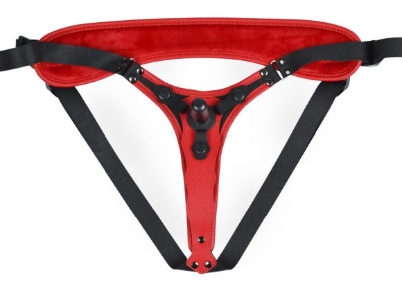 Красно-черный женский пояс с 2 способами крепления насадок и вагинальной пробкой Красно-черный женский пояс с 2 способами крепления насадок и вагинальной пробкой