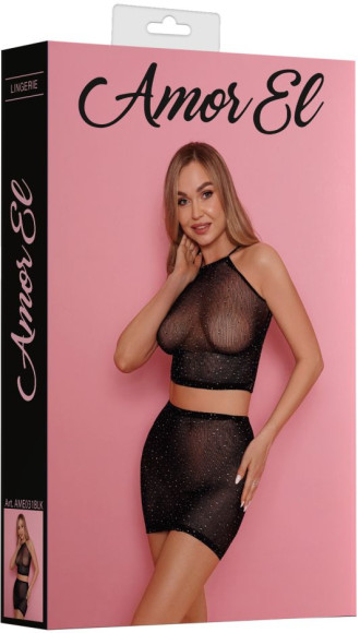 Сетчатый комплект из топа и юбки со стразами