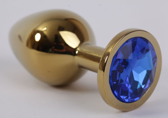 Золотистая анальная пробка с синим кристаллом - 8,2 см.