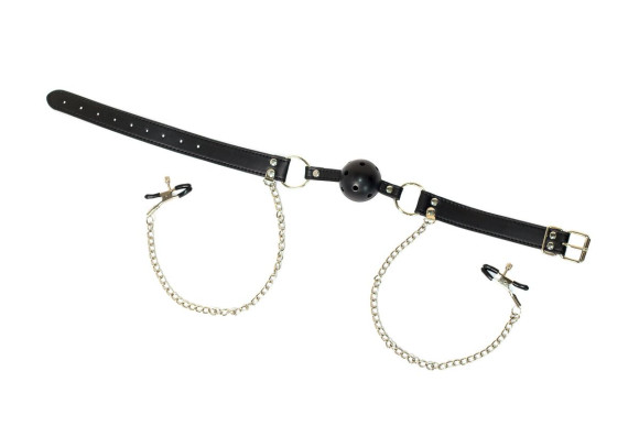 Черный кляп-шар Gratitude с зажимами для сосков Черный кляп-шар Gratitude с зажимами для сосков