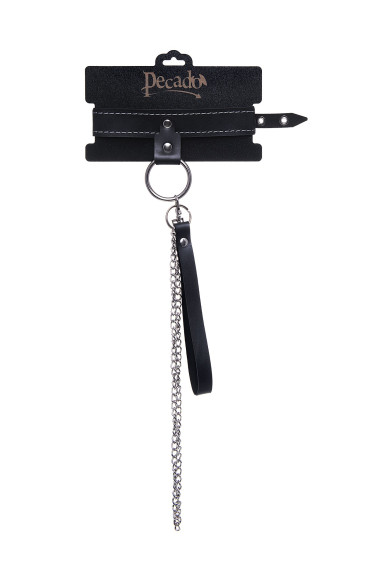 Черный узкий однослойный ошейник с серебристым поводком-цепочкой Черный узкий однослойный ошейник с серебристым поводком-цепочкой