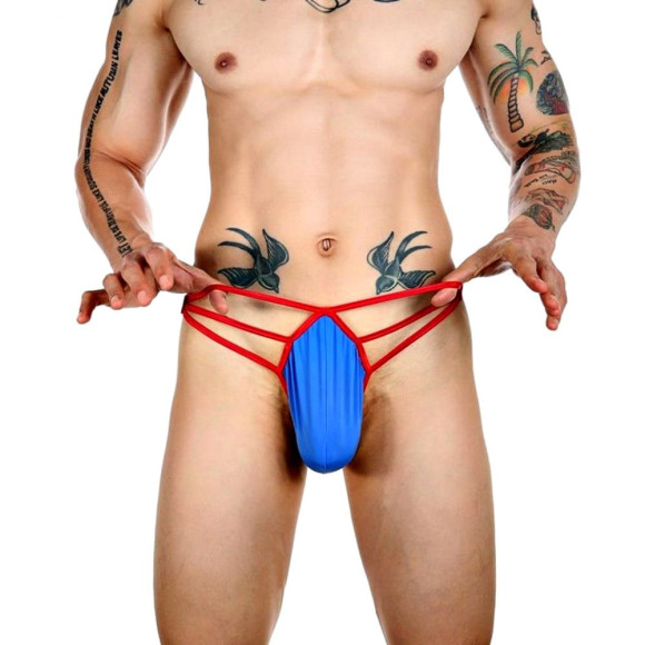 Синие сексуальные трусы-стринги на тонких красных бретелях Синие сексуальные трусы-стринги на тонких красных бретелях