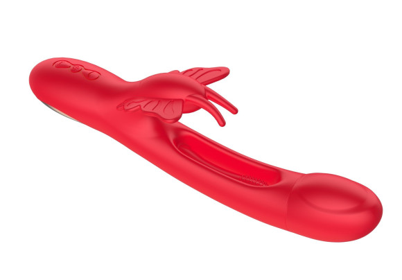 Красный вибратор-кролик с функцией фингеринга - 25,5 см. Красный вибратор-кролик с функцией фингеринга - 25,5 см.
