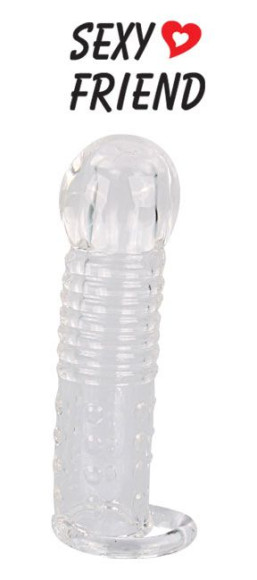 Прозрачная закрытая насадка на фаллос с кольцом для мошонки - 13,5 см.