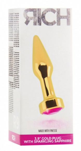 Золотистая анальная пробка R9 RICH Gold/Pink Sapphire с розовым кристаллом - 12 см.