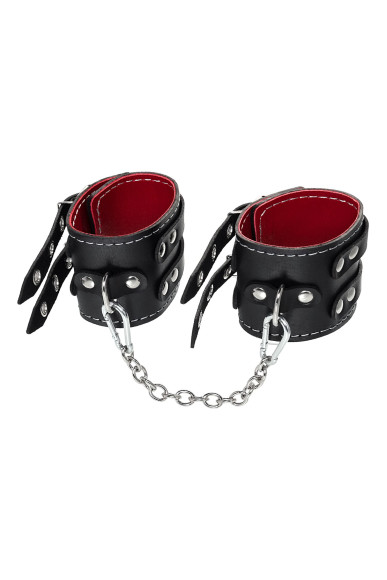 Черные кожаные оковы с двумя ремнями и красной подкладкой Черные кожаные оковы с двумя ремнями и красной подкладкой