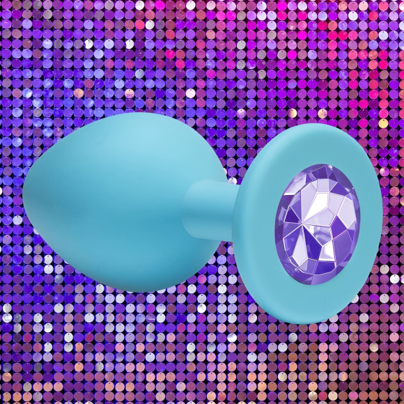 Малая голубая анальная пробка Emotions Cutie Small с фиолетовым кристаллом - 7,5 см.