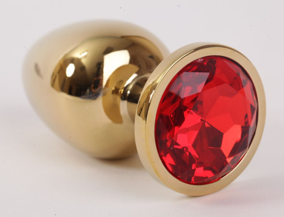 Золотистая анальная пробка с красным кристаллом - 9,5 см.