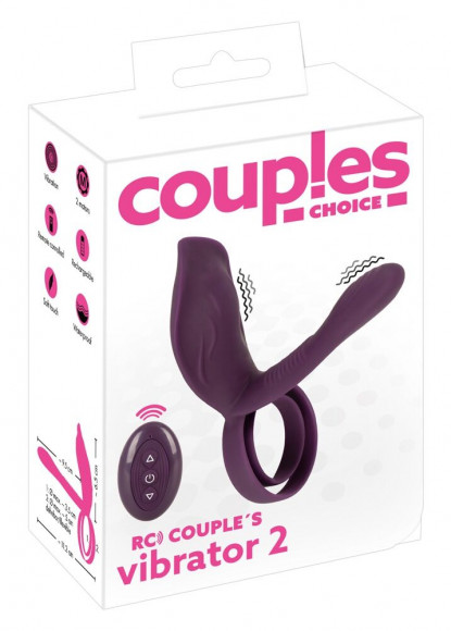 Фиолетовая насадка на член с клиторальным отростком и пультом ДУ RC Couple’s Vibrator 2