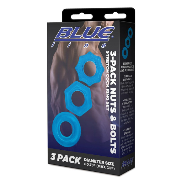 Комплект из трех голубых колец для эрекции 3-Pack Nuts & Bolts Stretch Cock Ring Set Комплект из трех голубых колец для эрекции 3-Pack Nuts & Bolts Stretch Cock Ring Set