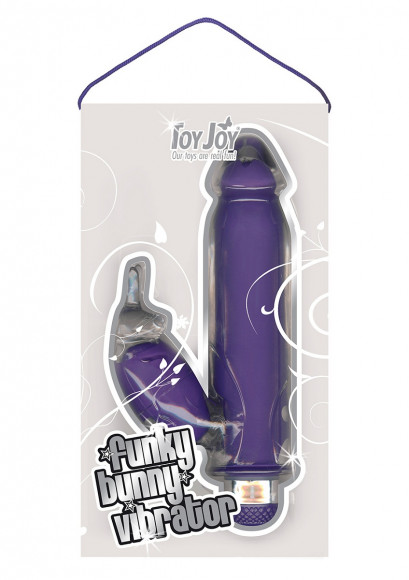 Фиолетовый вибратор FUNKY BUNNY со стимулятором клитора - 18,5 см Фиолетовый вибратор FUNKY BUNNY со стимулятором клитора - 18,5 см