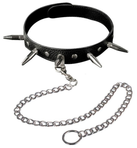 Чёрный кожаный ошейник с шипами и цепочкой Чёрный кожаный ошейник с шипами и цепочкой
