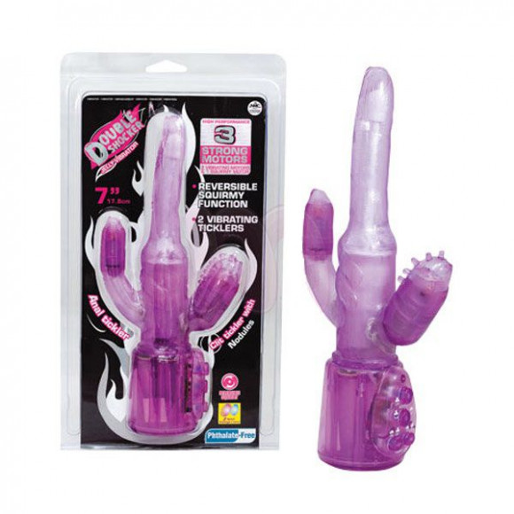 Фиолетовый вибромассажёр Double Shocker Purple с анальным и клиторальным отростками - 17,8 см.