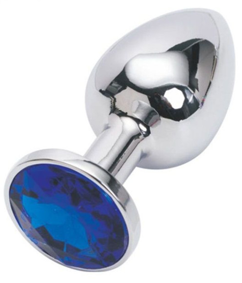 Серебряная металлическая анальная пробка с синим стразиком - 7,6 см.